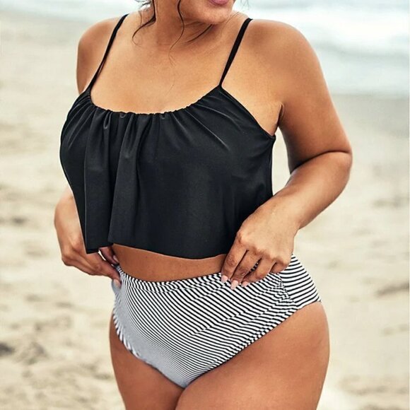 NWT Black White Tankini Set Size 1X Plus Size Bathing Suit - Picture 3 of 9